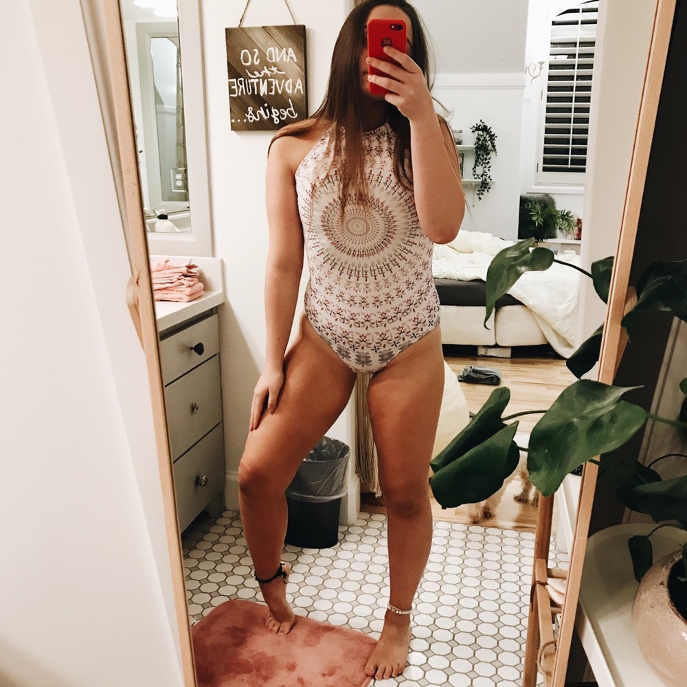 High neck one piece swimsuit// white + pink sz S